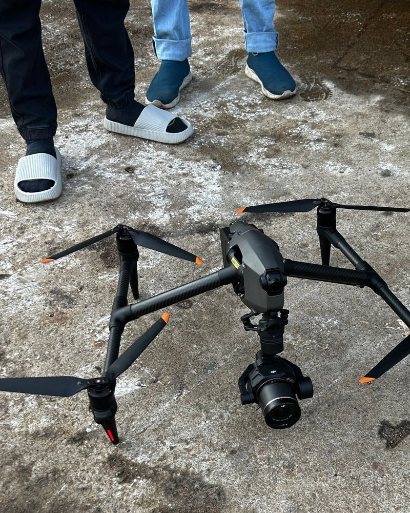 A camera drone ready for take-off