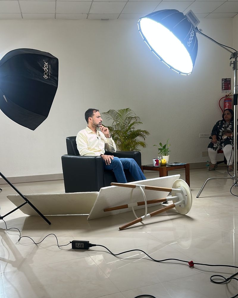 An interview set with studio lights in an office