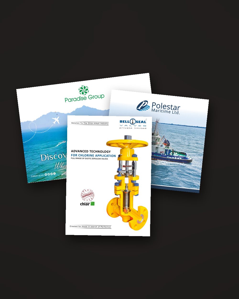 Three brochures we designed, for Paradise Group, Polestar Maritime and Belloseal